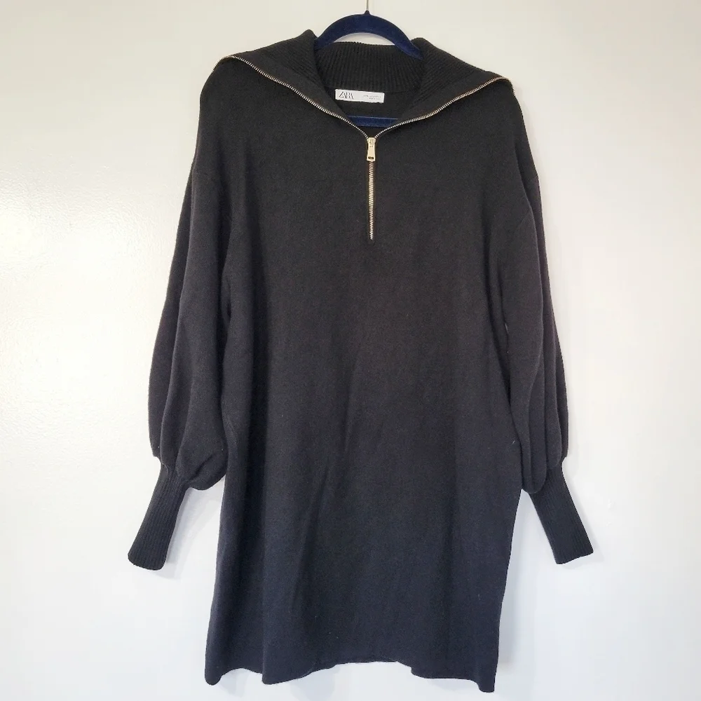 ZARA Black Mini Knit Jumper Dress with Gold Accent Zip Size Medium - Picture 3 of 9